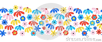 Flower border seamless red blue yellow pink. Repeating cute floral horizontal kids pattern Scandinavian style abstract paper cut Vector Illustration