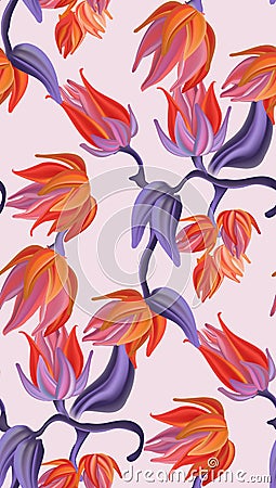 Flower botanical pattern, contrast orange violet nature bloom background. Spring elegan watercolor garden decor Vector Illustration