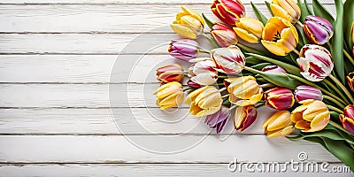 Flower Bouquet of beautiful golden fresh tulip on white background.,Top view. Stock Photo