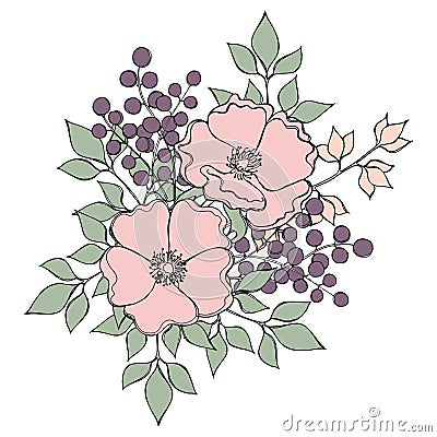 Flower bouquet with dog-roses, berries and leaves in pastel colors Vector Illustration