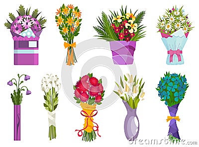 Flower bouquet icon set. Cartoon blooming bunch of plants for vase or pots. Colorful meadow greenery, garden flowers Vector Illustration