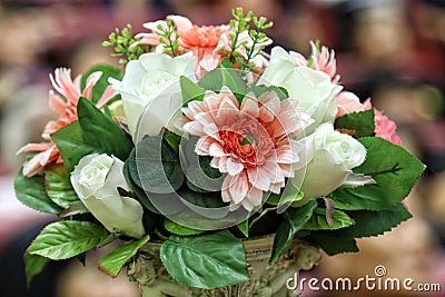 Flower bouquet plastic pink white and rose for decoration office room, Beautiful flower branch colorful, Plastic flower big bouque Stock Photo