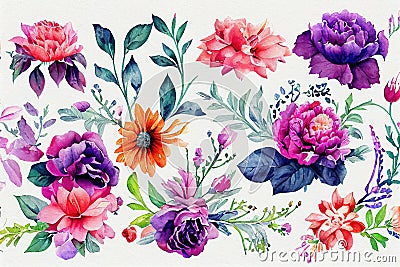 Flower bouquet set watercolor pieces of artwork design Cartoon Illustration