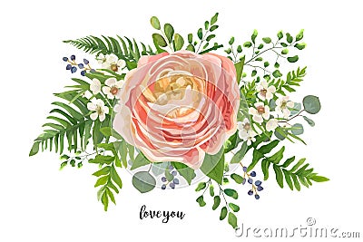 Flower Bouquet vector watercolor element. Peach, pink rose Ranunculus, wax flowers eucalyptus, green fern leaf, berry mix. Vector Illustration