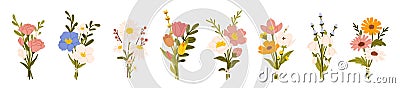 Flower bouquets. Garden blossoming flowers with stem and leaves, floral bouquet. Various cartoon romantic flowering Vector Illustration