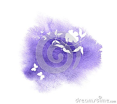 Flower, butterflies. Floral card. Watercolor splash background with silhouette. Stock Photo