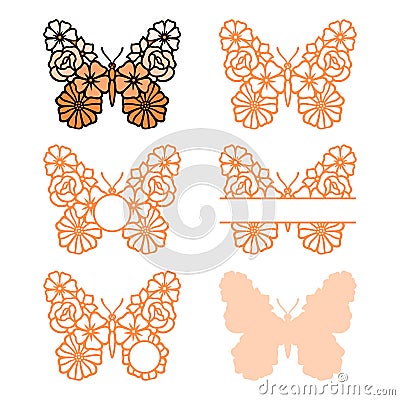 Flower butterfly monogram. Vector insect silhouette. Template for laser, paper cutting Vector Illustration