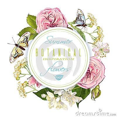 Flower butterfly round banner Vector Illustration