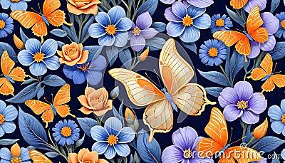 Flower butterfly wall decoration wallpaper natural collection Cartoon Illustration