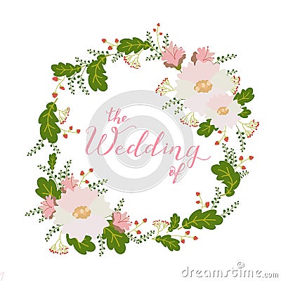 Flower card, invitation, banner template with The Wedding of title Vector Illustration
