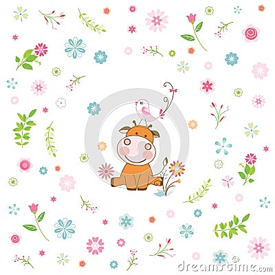 flower and cartoon animal greeting card Vector Illustration