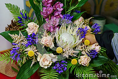 Flower centre in a flower shop with roses Stock Photo