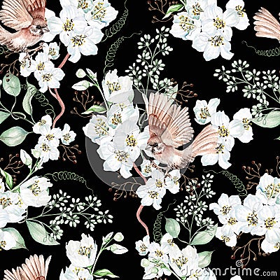 Flower cherry blossom and birds. Floral seamless pattern Cartoon Illustration