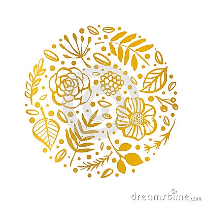 Flower circle shape pattern. Gold Floral card. Hand drawn illustration. Nature vector design. Cartoon Illustration