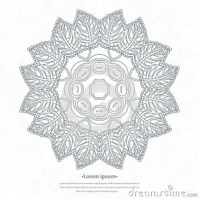 Flower circular background. Mandala. Stylized lace ornament. Indian floral ornament. Beautiful lacy white tablecloth, doily. Vector Illustration