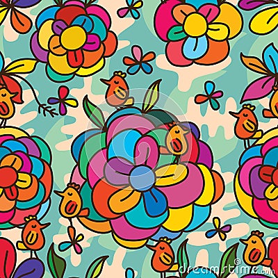 Flower colorful bird stylish seamless pattern Vector Illustration