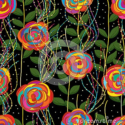 Flower colorful line fly seamless pattern Vector Illustration