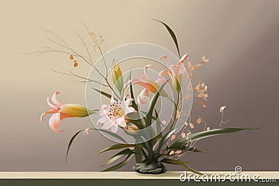 Flower composition ikebana illustration. Generate Ai Cartoon Illustration