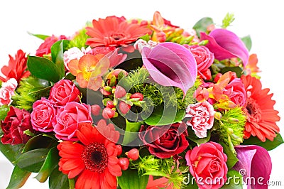 Flower composition in a original hat box. Concept of flower shop. Colorful bouquet of mix flowers in a cachepot. Postcard with fl Stock Photo