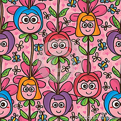 Flower cute mascot vertical seamless pattern Vector Illustration