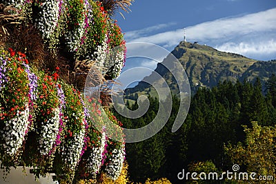 Flower Decoration & Kitzbuheler horn, Tirol, Austria Stock Photo