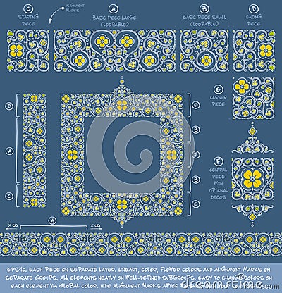 Flower Decorative Ornaments Building Kit - Yellow Cerulean Blue Vector Illustration