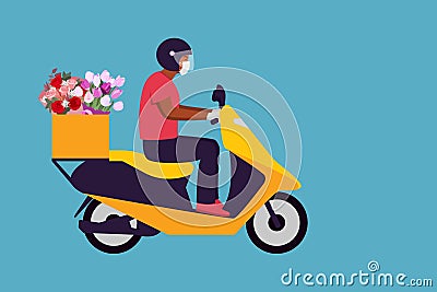 Flower delivery African American motorcycle courier Vector Illustration