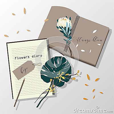 The flower diary ,Blank notebook with pencil and flowers on pap Stock Photo