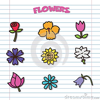 Flower doodle icons set Vector Illustration