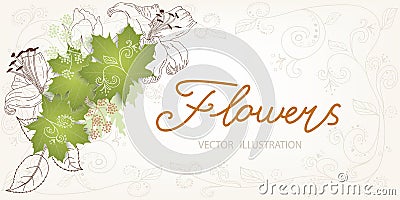 Flower doodle with openwork pattern. Painted lilies, roses, leaves. Elegant card with lace corner decoration Vector Illustration