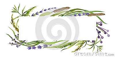 Flower elegant herb frame. Lavender flowers and meadow herbs in decorative banner. Watercolor realistic garden floral Stock Photo