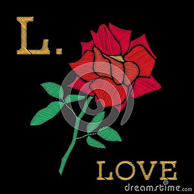 Flower embroidery for t-shirt or jeans with embroidered inscript Vector Illustration