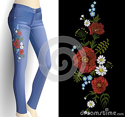 Flower embroidery on woman blue jeans 3d mockup. Fashion outfit detail rose poppy flower print patch vector illustration Vector Illustration