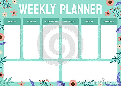 Flower Empty Weekly Planner Design with Blooming Flora Vector Template Vector Illustration