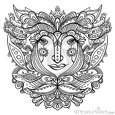 Flower-face line art. Hand-drawn ethnic ornate godess. Black vector illustration on a white background Vector Illustration