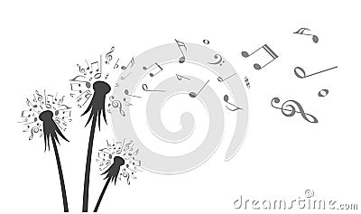 Flower field dandelion with flying notes. Vector Illustration