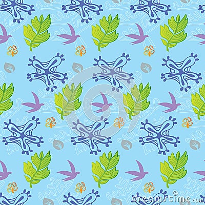 Flower, Foliage and Birds Seamless Pattern Vector Illustration