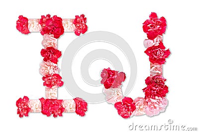 Flower font alphabet I J set collection A-Z, made from real Carnation flowers pink, red with paper cut shape of capital letter Stock Photo