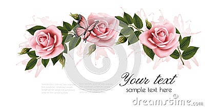 Flower frame with beauty pink roses. Vector Illustration