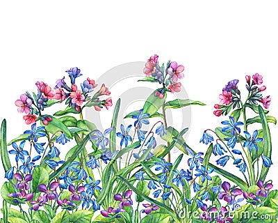 Flower frame of the Fragrant violets, lungwort and Scilla bifolia blue. Stock Photo