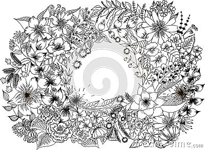 Flower frame with gerbera, rose, lily and camomile for coloring book, photograph, post card or picture Vector Illustration