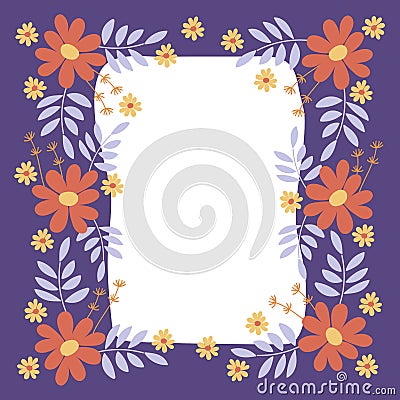 Flower frame . Vector elegant floral arrangement with simple flowers and leaves . Space for text Stock Photo