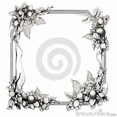 Elaborate Floral Frame: A Stunning Black And White Drawing Cartoon Illustration