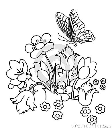 Flower garden with butterfly coloring page Stock Photo