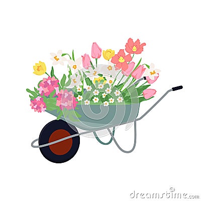 Flower garden cart with early spring flowers. Floral design elements for mother's day, Valentine's Day, birthday Cartoon Illustration