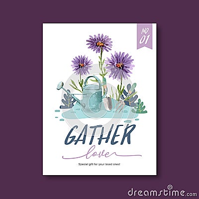 Flower garden poster design with Aster flowers, watering pot watercolor illustration Cartoon Illustration
