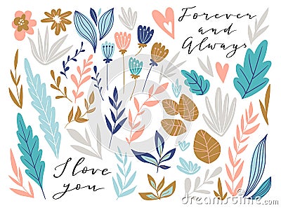 Flower graphic design. Vector set of floral elements with hand drawn flowers and love lettering. Cute wedding collection. Vector Illustration