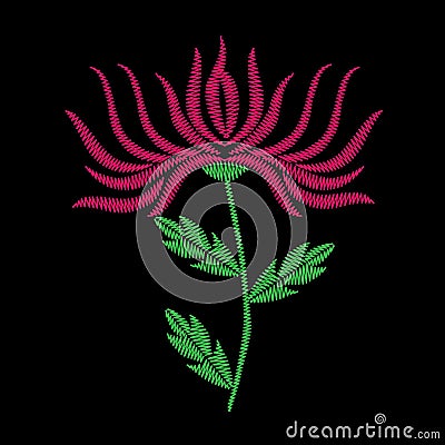 Flower with green leaf embroidery stitches imitation Vector Illustration