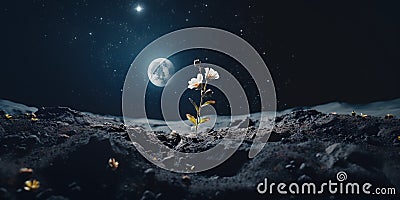 Flower growing on the moon surface, representing life tenacity in the harshest conditions , concept of Lunar resilience Stock Photo