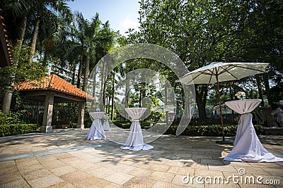 Flower High foot table Trees sunshine outdoor decoration set Stock Photo